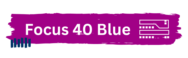 Ein lila Hintergrund mit dem Text ‘Focus 40 Blue‘ in weißer Schrift. Neben dem Text ist das Symbol für Braille dargestellt.