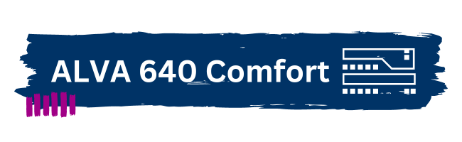 Ein blauer Hintergrund mit dem Text ‘ALVA 640 Comfort‘ in weißer Schrift. Neben dem Text ist das Symbol für Braille dargestellt