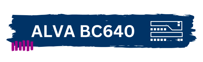 Ein blauer Hintergrund mit dem Text ‘ALVA BC640‘ in weißer Schrift. Neben dem Text ist das Symbol für Braille dargestellt